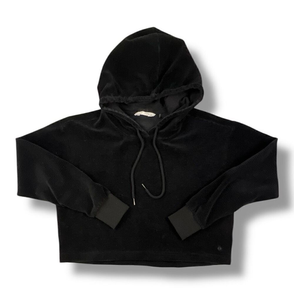 Tavi Noir Velour Ribbed Black Semi Cropped Oversized Hoodie Size Small